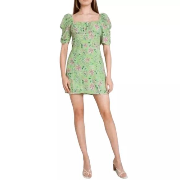 WAYF Liv Green Floral Puff Sleeve Square Neck Empire Waist Mini Dress XL NWT - Picture 1 of 14